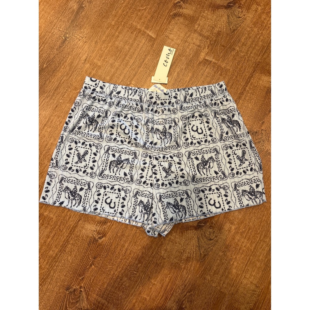 Como Sleep Womens Pajama Shorts Blue Western Cowboy Print Ribbed Knit Size Large